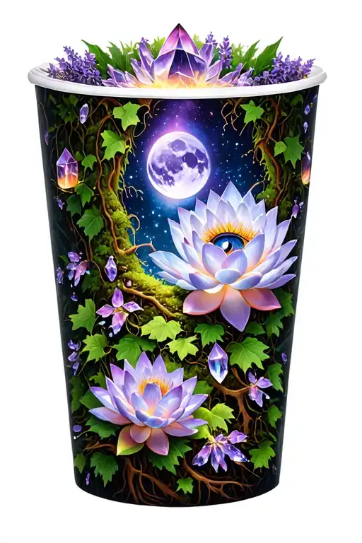 Lotus Roots, vines, moss, ivy Crystals lavender/purple♈♉♍♏♓ Zodiac symbols protective eye Moon phases Spirit-light tattoo design idea