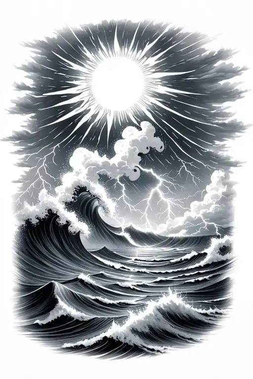 sun above thunderstorm with rain and lightning over ocean waves crashing tattoo design idea
