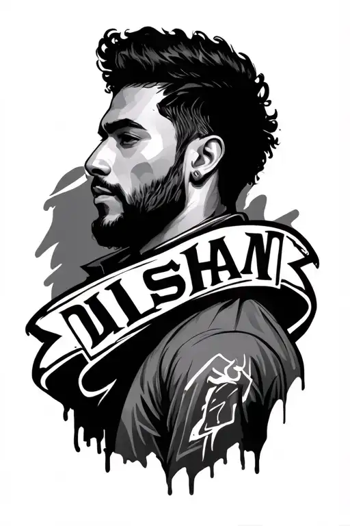 “Black and white tattoo design for a man, vertical layout from neck to upper arm, the name DILSHAN written in bold broke tattoo design idea