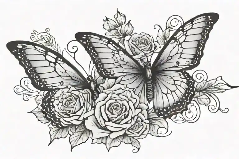 Butterfly wings and roses intertwined tattoo design idea