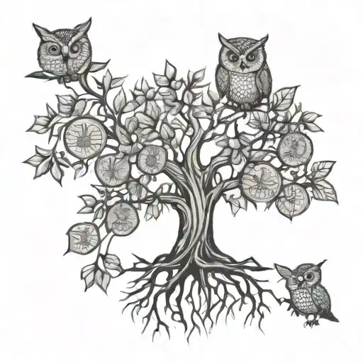 Tattoo design: - Money tree with linear trunk and branches without shadows. - Leaves in the shape of circular coins. - Owl perched on one of the branches. tattoo design idea