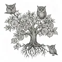 Tattoo design: - Money tree with linear trunk and branches without shadows. - Leaves in the shape of circular coins. - Owl perched on one of the branches. tattoo design idea