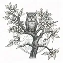 Tattoo design: - Money tree with linear trunk and branches without shadows. - Leaves in the shape of circular coins. - Owl perched on one of the branches. tattoo design idea