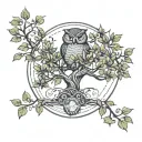 Tattoo design: - Money tree with linear trunk and branches without shadows. - Leaves in the shape of circular coins. - Owl perched on one of the branches. tattoo design idea