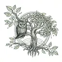 Tattoo design: - Money tree with linear trunk and branches without shadows. - Leaves in the shape of circular coins. - Owl perched on one of the branches. tattoo design idea
