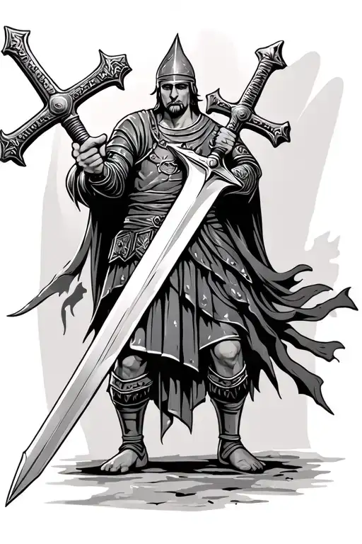gladiator holding a cross sword tattoo design idea
