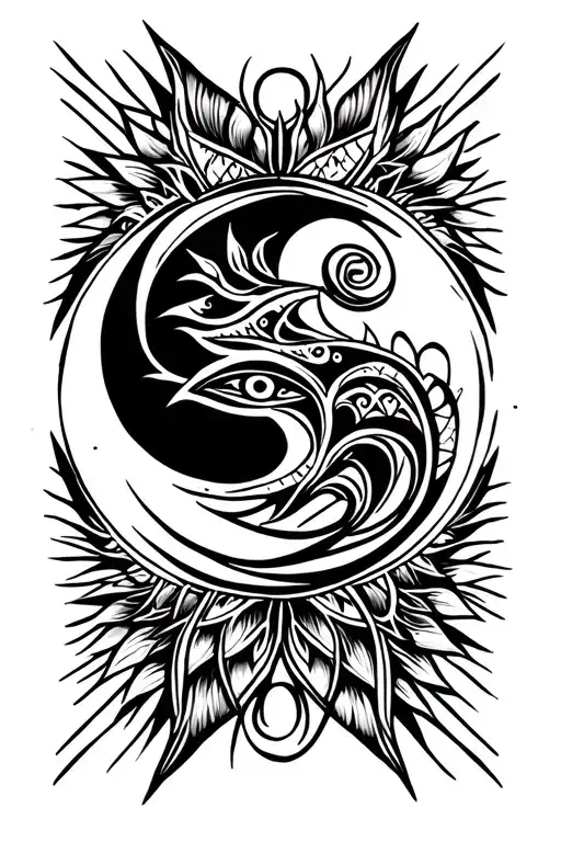 sun and moon, Haida, African, native American style tattoo design idea