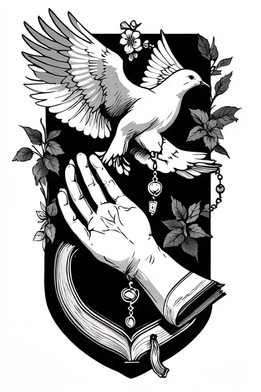 Dove, bible, rosary, pray hands tattoo design idea
