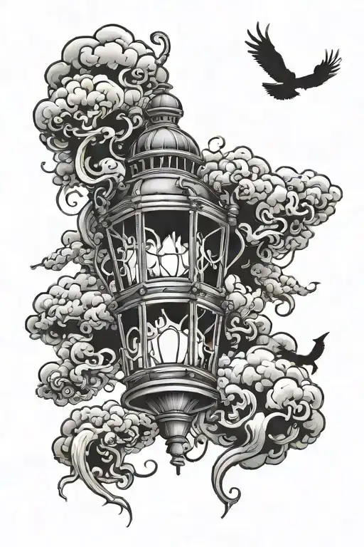 Dark creature and a lantern surrounded by clouds tattoo design idea
