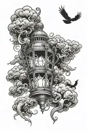 Dark creature and a lantern surrounded by clouds tattoo design idea