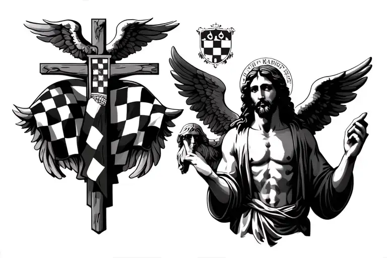 Jesus with wings and something to do with a cross, two angels next to him, left chest checkered Croatian flag, right che tattoo design idea