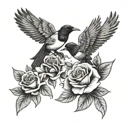 2 magpies flying roses growing tattoo design idea