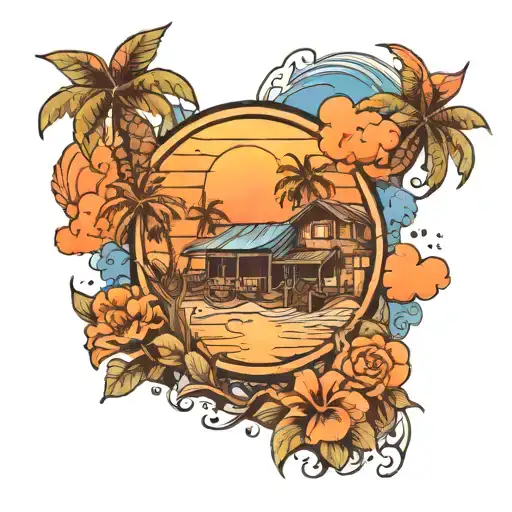 Sleave of sunset over my workplace transitioned into a retired beach theme  tattoo design idea