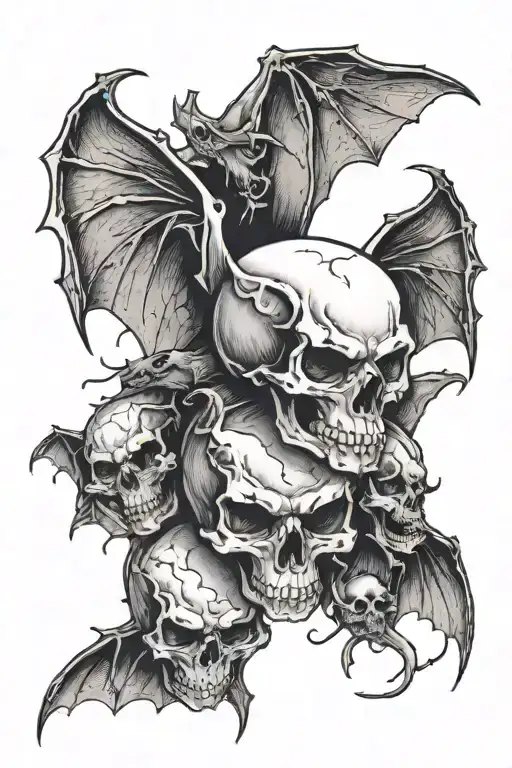 Bat holding a skull with other bats flying around it tattoo design idea