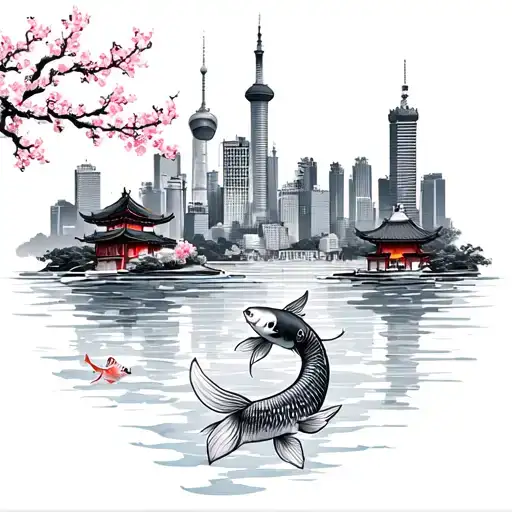 fine line feminine tattoo of the Shanghai skyline, water, cherry blossom and koi fish and yu yuan gardens,  tattoo design idea
