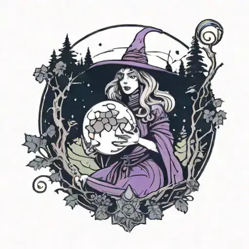 A tarot card featuring a witch with a magical crystal ball in a dark forest tattoo design idea