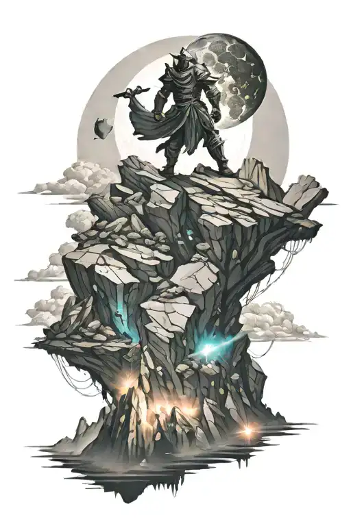A glowing mountain with floating rocks; a celestial-armored warrior stands atop, beneath an eclipse and mythical skies tattoo design idea