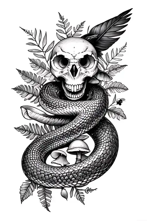 snake tattoo with hawthorn leaves, a crow skull, ferns, mushrooms, owl feather, honeycomb, bee, and humpback whale tattoo design idea