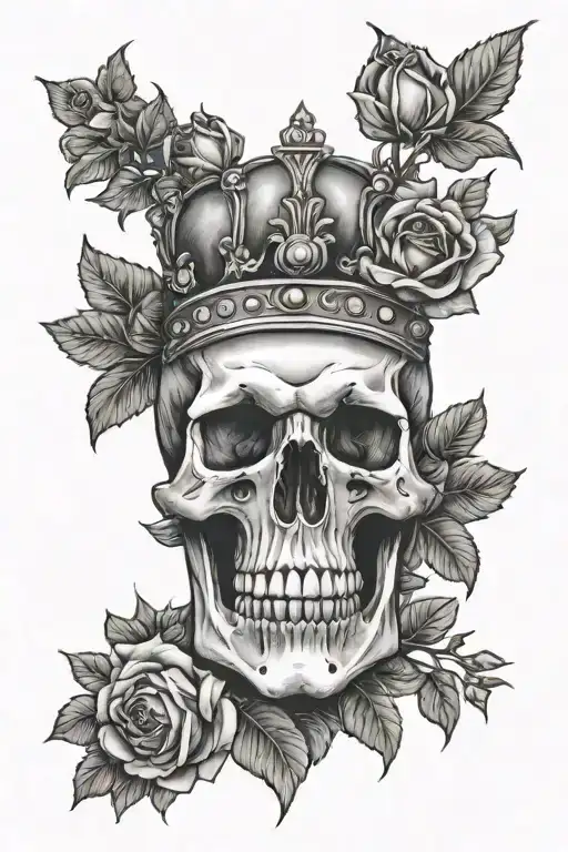 skull, roses, roman numerals representing important dates, kings crown tattoo design idea