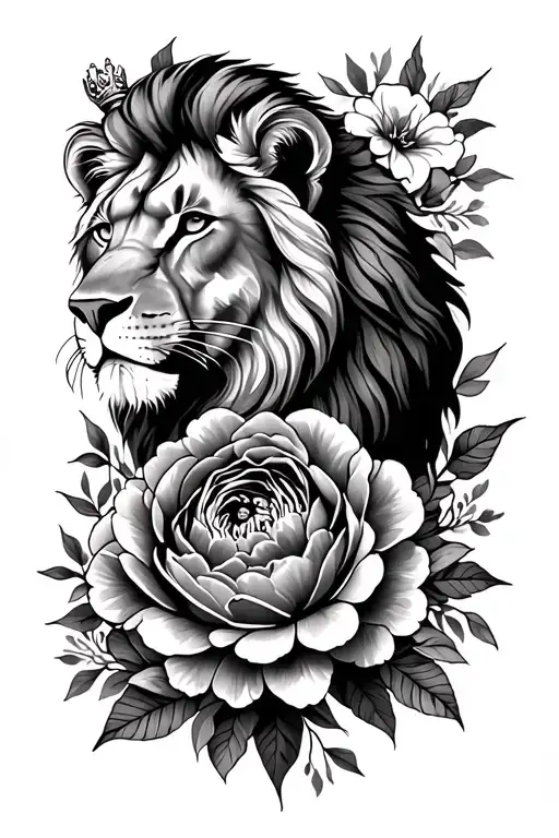 Lion & lioness king & queen floral peonies tattoo design idea