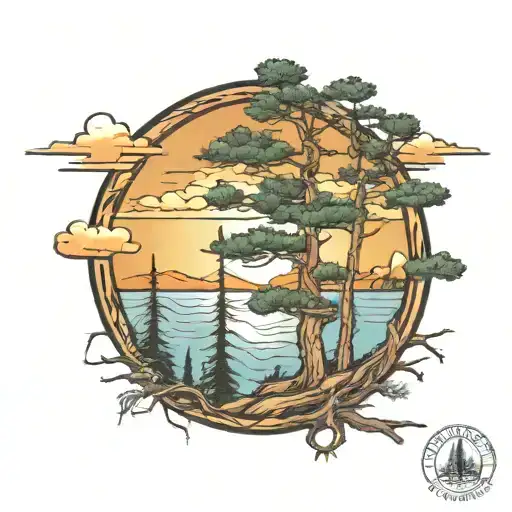 eastern white pine sunset lakeshore tattoo design idea