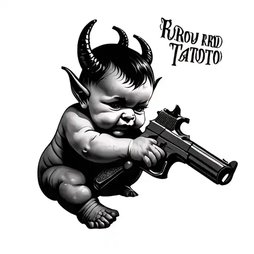 devil baby holding a gun with words 1 of 1 tattoo design idea