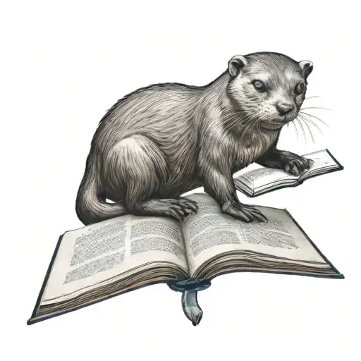 river otter holding open book surrounded tattoo design idea