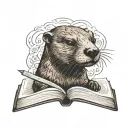 river otter holding open book surrounded tattoo design idea