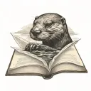 river otter holding open book surrounded tattoo design idea