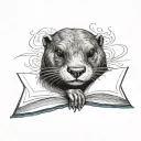 river otter holding open book surrounded tattoo design idea