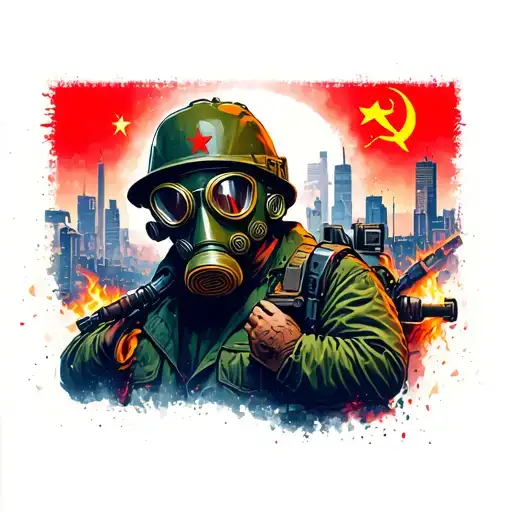 synthwave atmosphere with communist details gas masks and molotovs tattoo design idea