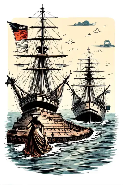 A tattoo sketch with a monument to sunken ships in Sevastopol in the center, next to a ship with a figure of a woman on  tattoo design idea