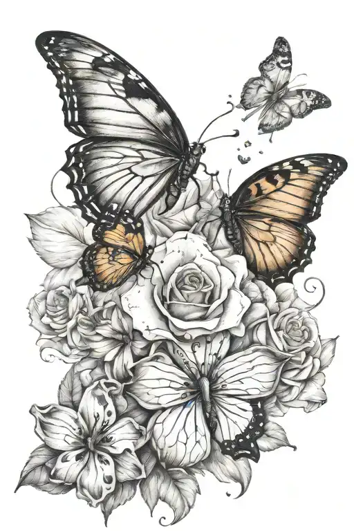 Flor de Maga flowers and 2 butterflies around and one on the flowers no color Make the movement fluid more skin breaks. tattoo design idea