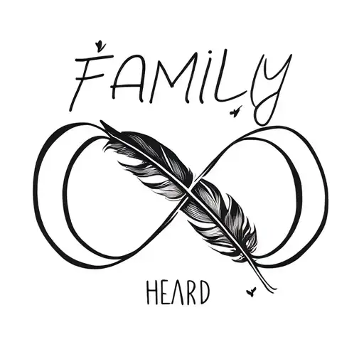 Infinity symbol with feather in middle and word family in left side and a heard on right side minimalistic tattoo tattoo design idea