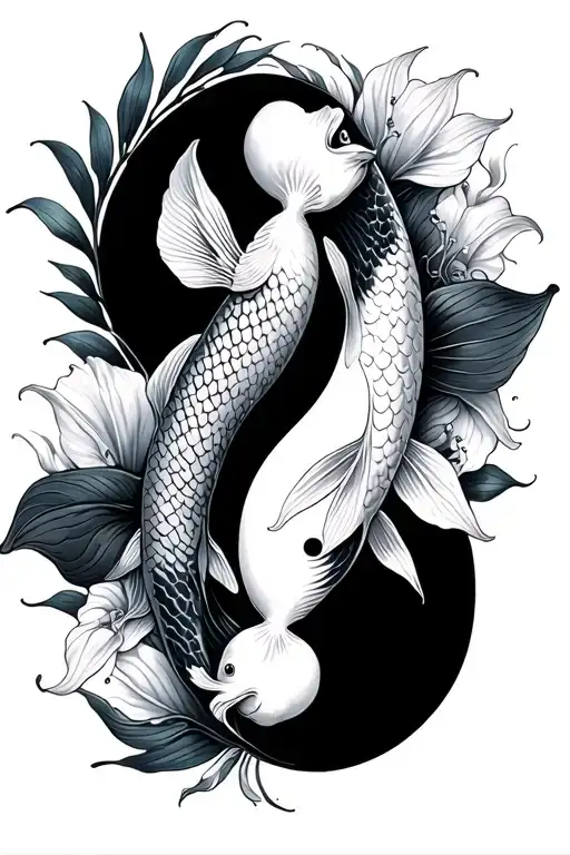 koi fish ying and yang with peace lily tattoo design idea