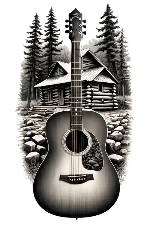 accoustic guitar surrounded by log cabin scene  tattoo design idea