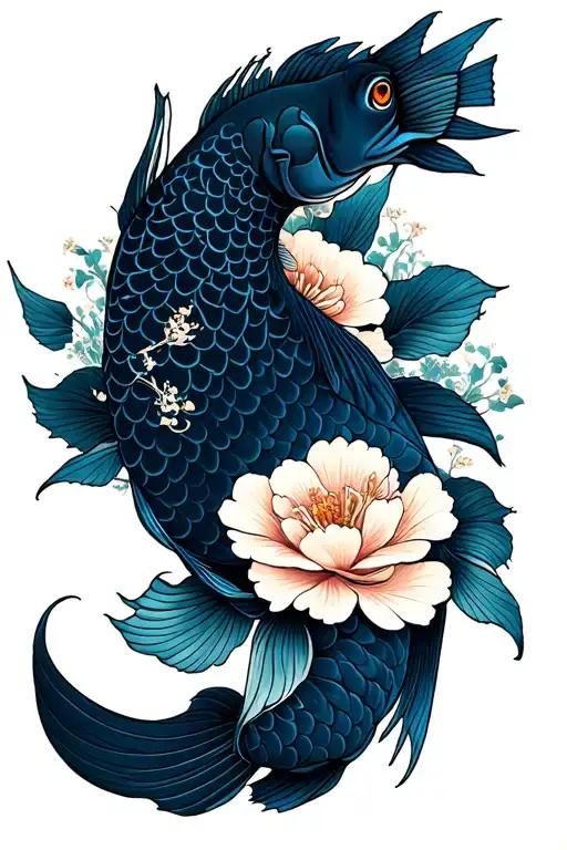 Japanese floral and fish surrounded tattoo design idea