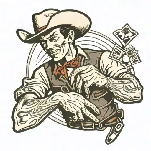 an American traditional tattoo of a cowboy playing fiver finger filet, after he already cut off his fingers  tattoo design idea