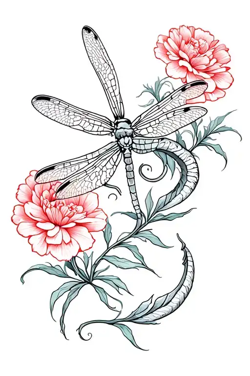 dragon fly and carnations fine line art tattoo design idea