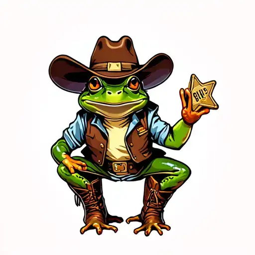 frog in cowboy hat, vest, sheriff badge, western boots tattoo design idea