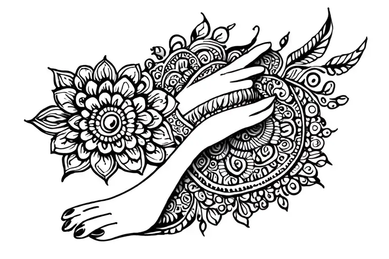 feminine, mandala, henna, wrap around ankle, black, cover up tattoo design idea