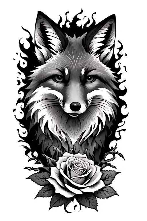 agile fox front view combined with a long thorny flaming rose and the inscription blessed tattoo design idea