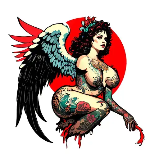  female angel; punk clothing, torn, revealing portions of butt, waist, and other skin.  tattoo design idea