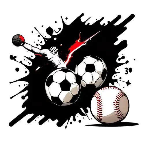 Soccer ball #33 and Baseball #31 ripping apart yet connected tattoo design idea