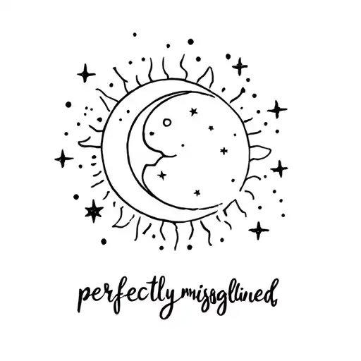 sun and moon, surrounded by stars and dots, with quote "perfectly misaglined" tattoo design idea