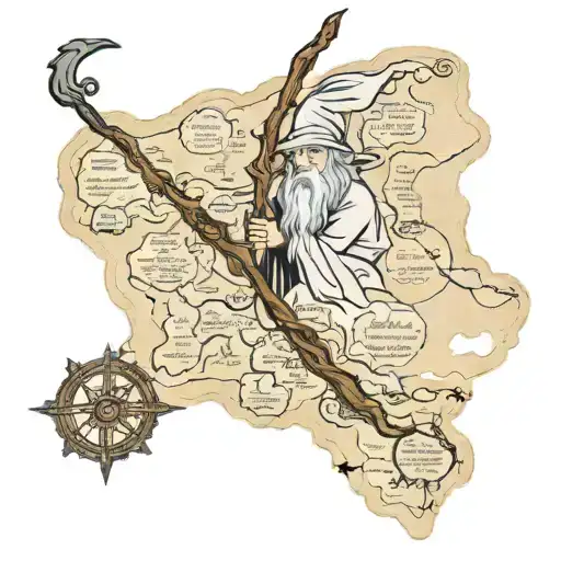 lord of the rings map with gandalf staff intertwined tattoo design idea