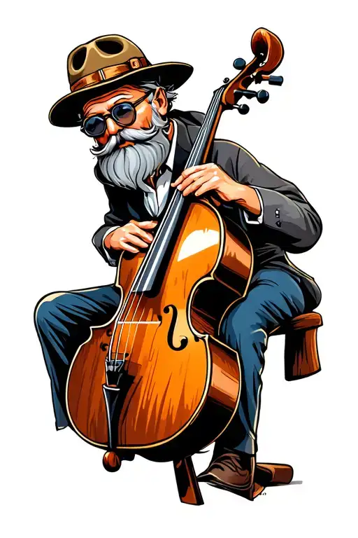 Old man with grey beard, aviator glasses, pork-pie hat, playing Double Bass tattoo design idea