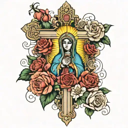 cross with roses and virgen de Guadalupe in the middle of the cross tattoo design idea