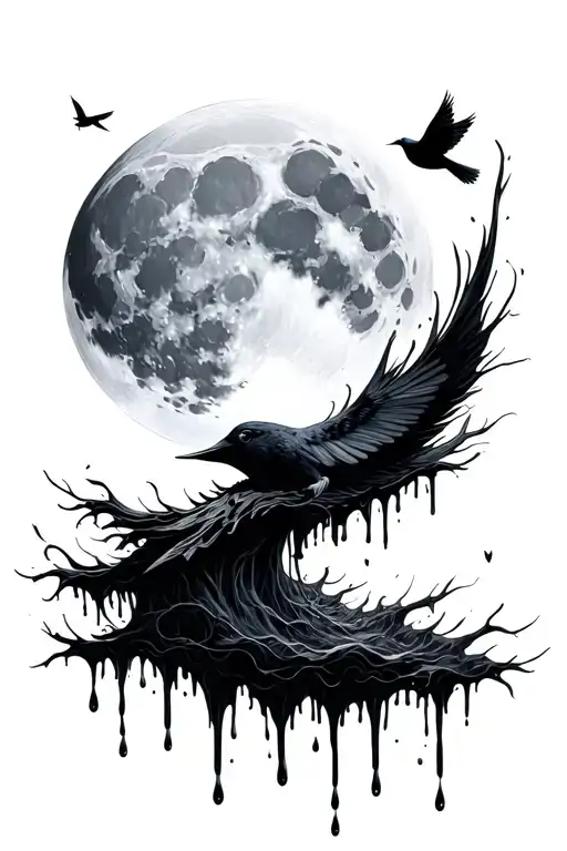 Full moon, dripping with ink and little far away birds flying tattoo design idea