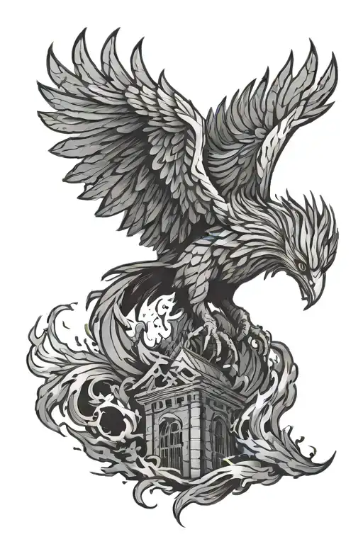 phoenix in color rising from the ashes and destruction of a tower in black and gray tattoo design idea